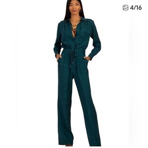 NWT Trina Turk Jacquard Teal Button-Up Jumpsuit